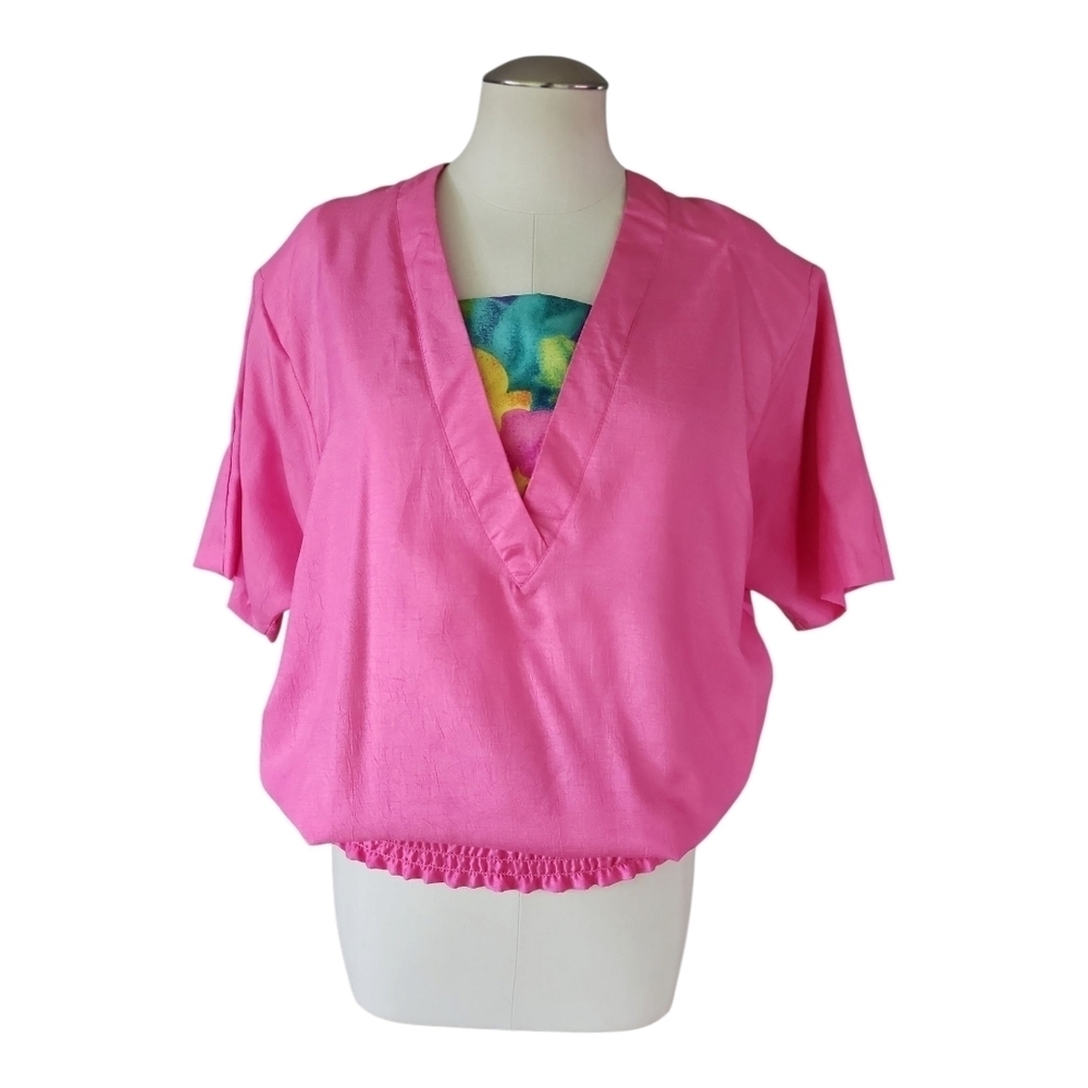 VTG Kelley & Co Pink V-Neck Blouse M USA Made 80s Dolman Sleeve Top